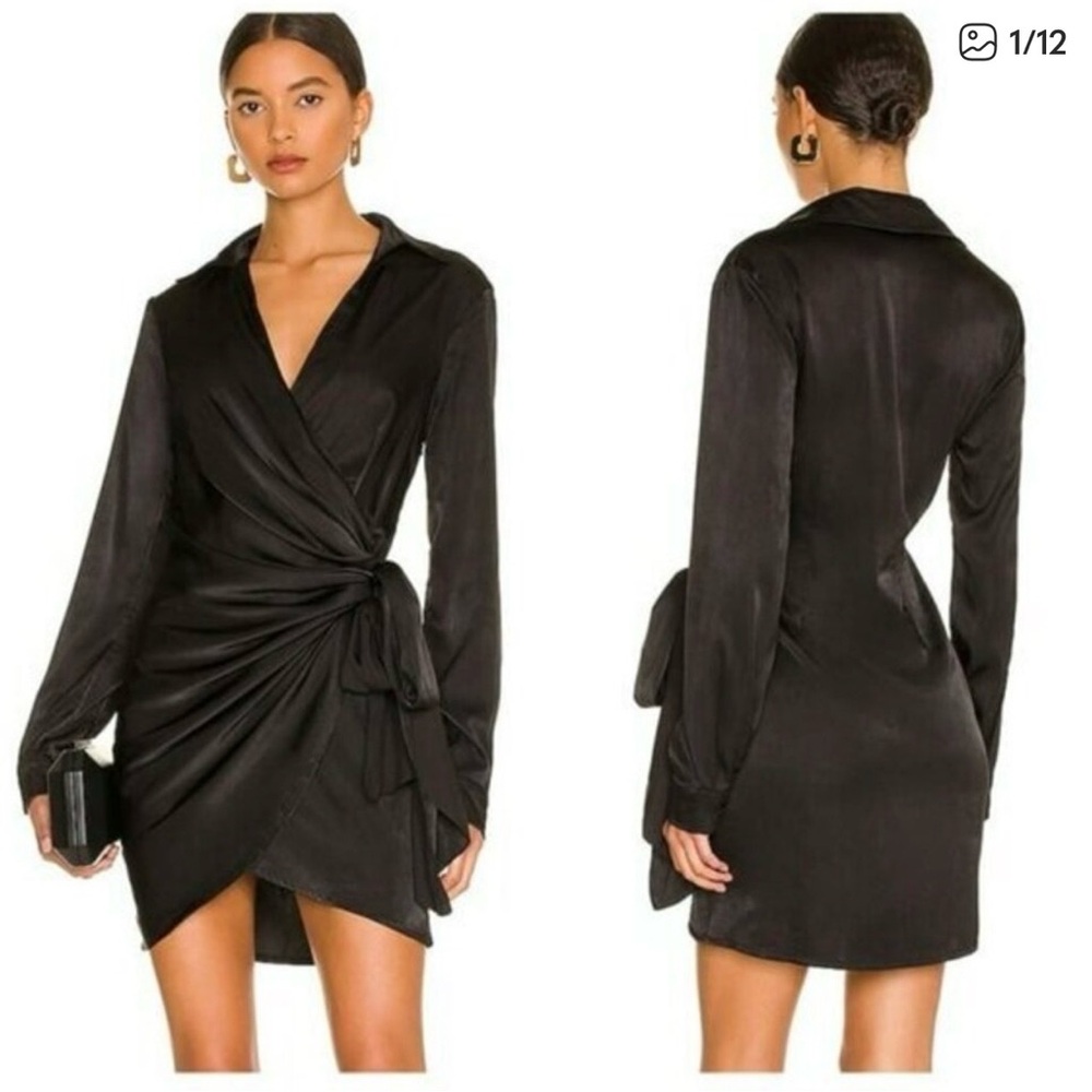 Superdown Black Satin Wrap Dress